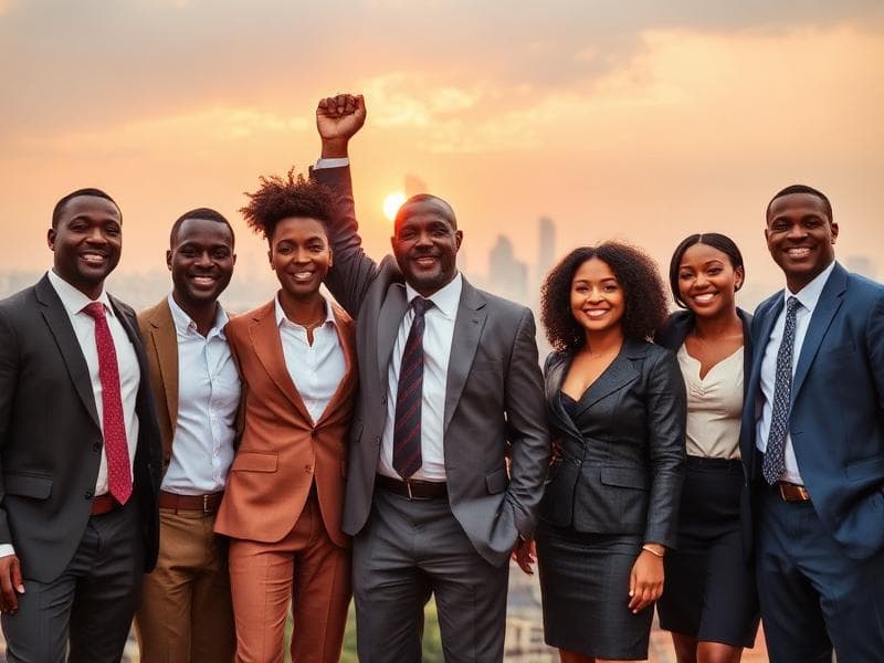 African professionals celebrating success in Lagos with warm professional atmosphere