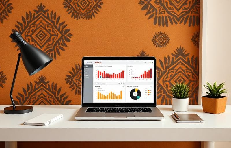 Modern minimalist office desk with laptop showing Oracle dashboards, African-inspired design elements